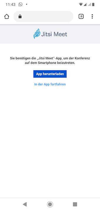 Am Smartphone zeigt der Browser einen Hinweis auf die Jitsi Meet App